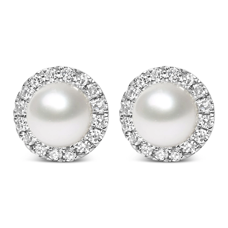 10K White Gold Cultured Freshwater Pearl & 1/7 Cttw Diamond Halo Stud Earring