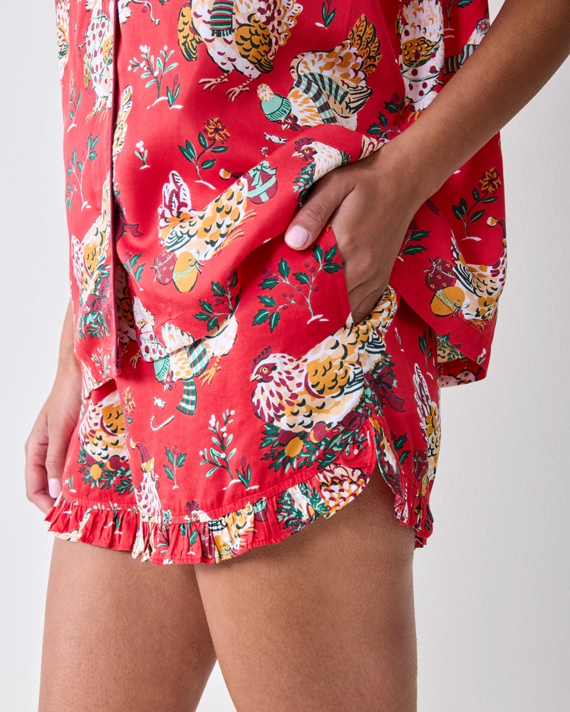 Eco Satin Ruffle Short Set in Holiday Hens, Red Stocking