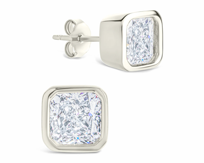 Sterling Silver Radiant Cut Bezel Set Stud Earrings