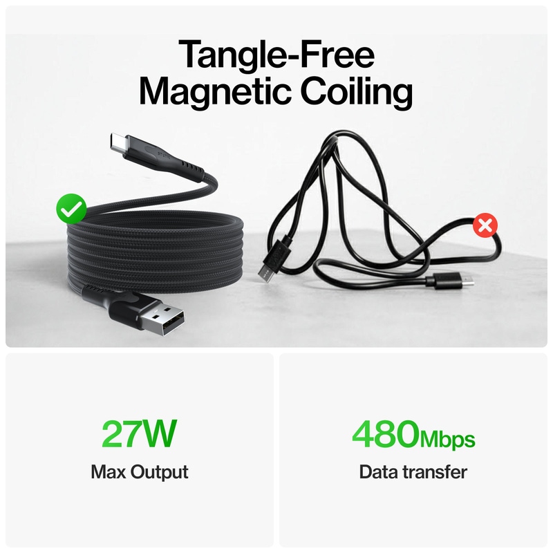 MagStack Auto-Coiling USB-A to USB-C 3' Cable