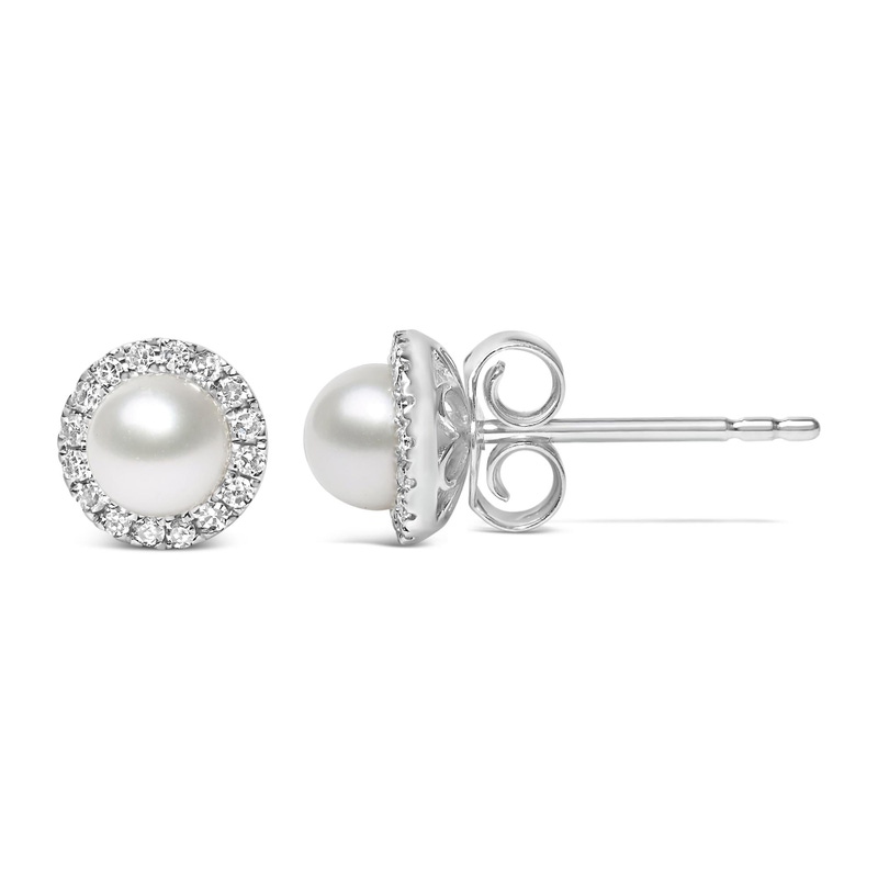 10K White Gold Cultured Freshwater Pearl & 1/7 Cttw Diamond Halo Stud Earring