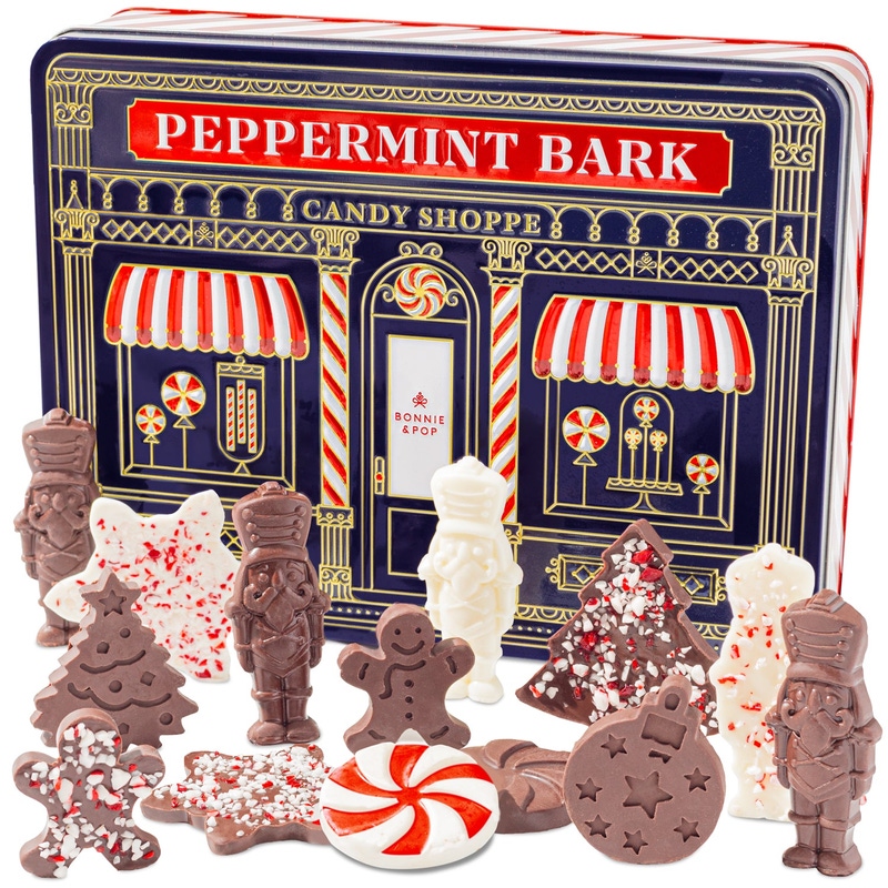 Peppermint Bark Gift Tin with Holiday-Shaped Chocolates