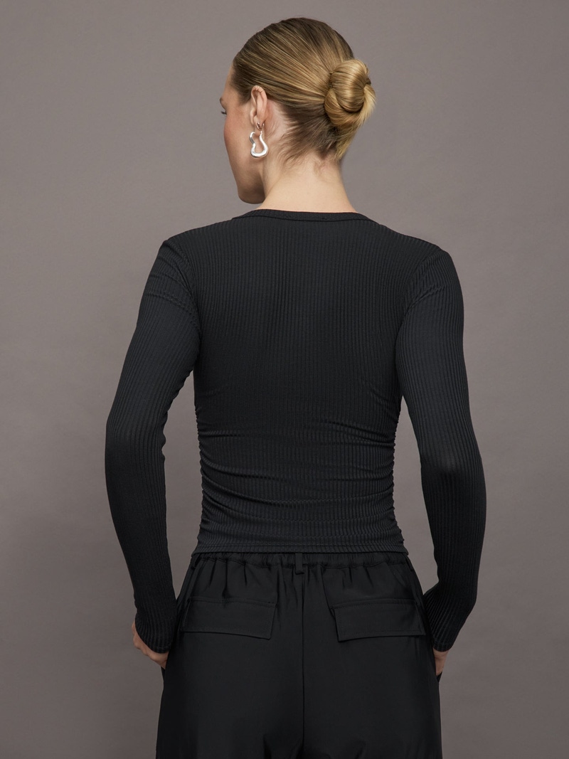 Long Sleeve Ruched Top in Ribbed Jersey, Black