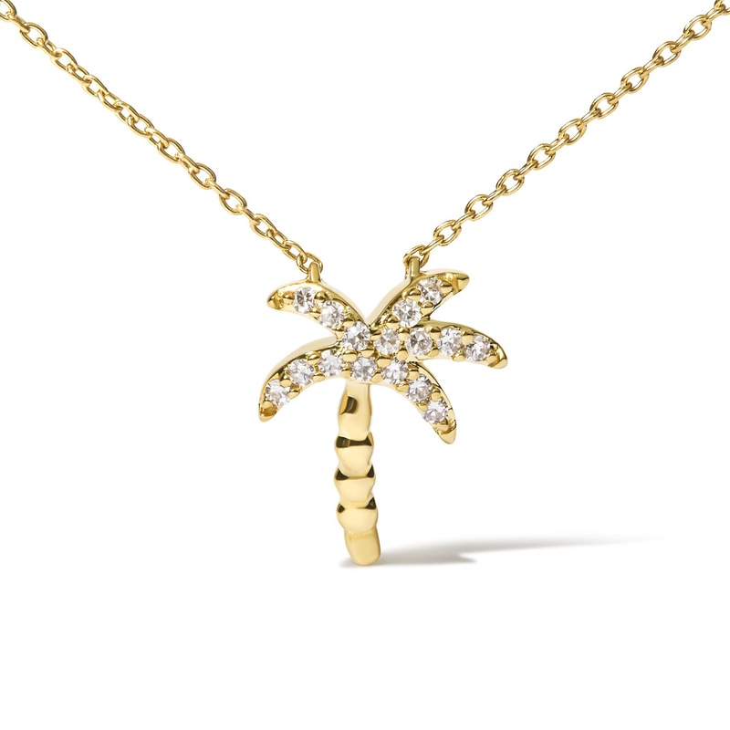 10K Yellow Gold Round Diamond Palm Tree Pendant Necklace