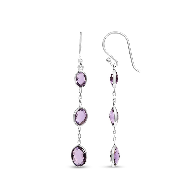 Sterling Silver Checkerboard Cut Oval Purple Amethyst Drop and Dangle Earrings