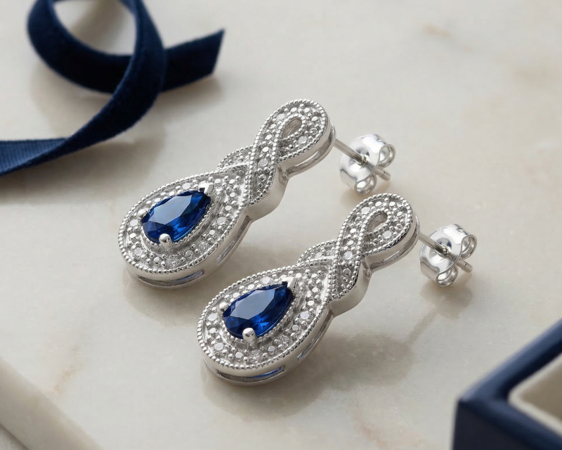 925 Sterling Silver Pear Sapphire Gemstone & Diamond Accent Infinity Drop Stud Earrings