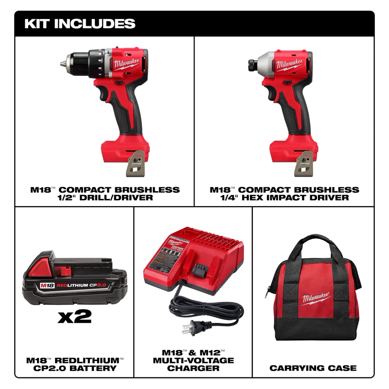 M18 Compact Brushless 2-Tool Combo Kit, Drill/Driver & Hex Impact Driver