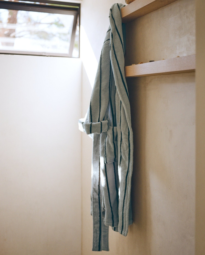 Turkish Cotton Stripe Robe, Sky with Evergreen