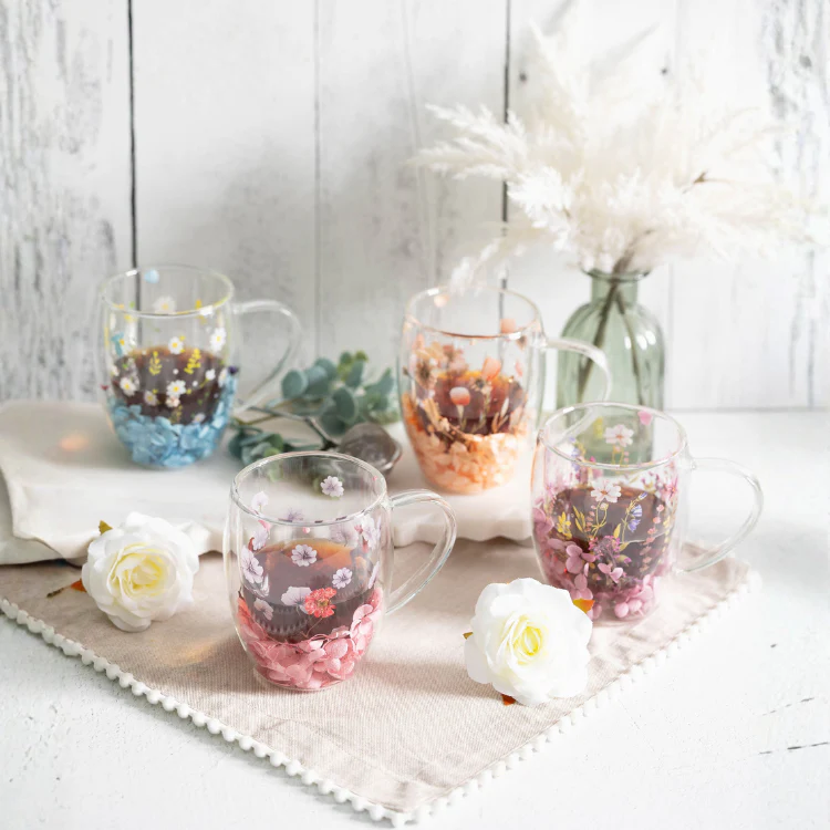 Double Wall Flower Mugs, Set of 4