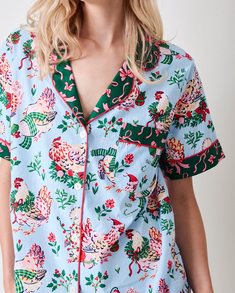 Short PJ Set in Holiday Hens, Pale Blue
