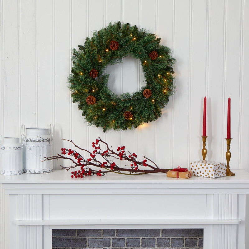 24” White Mountain Pine Artificial Christmas Wreath with LED Lights and Pinecones