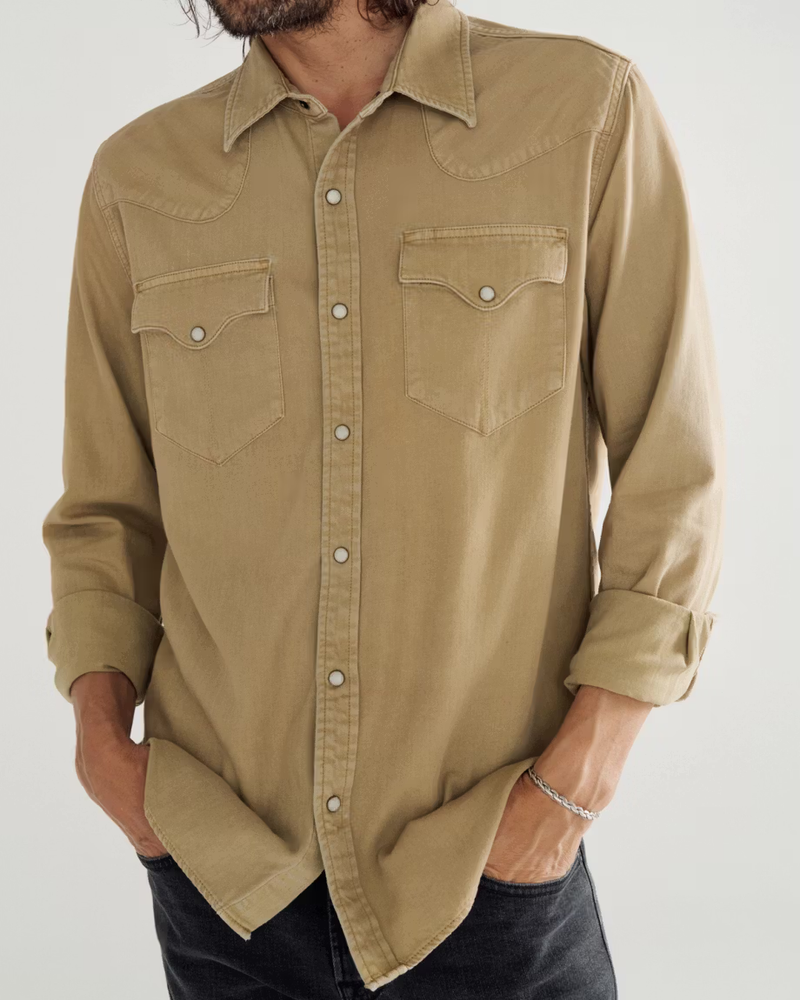 Men's Denim Long Sleeve Pearl Snap Shirt, Coriander