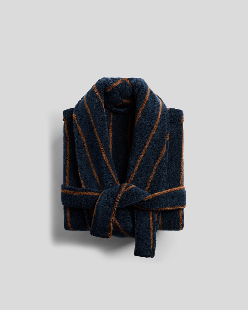 Turkish Cotton Stripe Robe, Ink with Tobacco