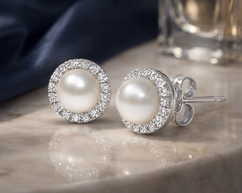 10K White Gold Cultured Freshwater Pearl & 1/7 Cttw Diamond Halo Stud Earring