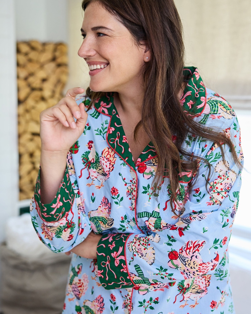 Long PJ Set in Holiday Hens, Pale Blue