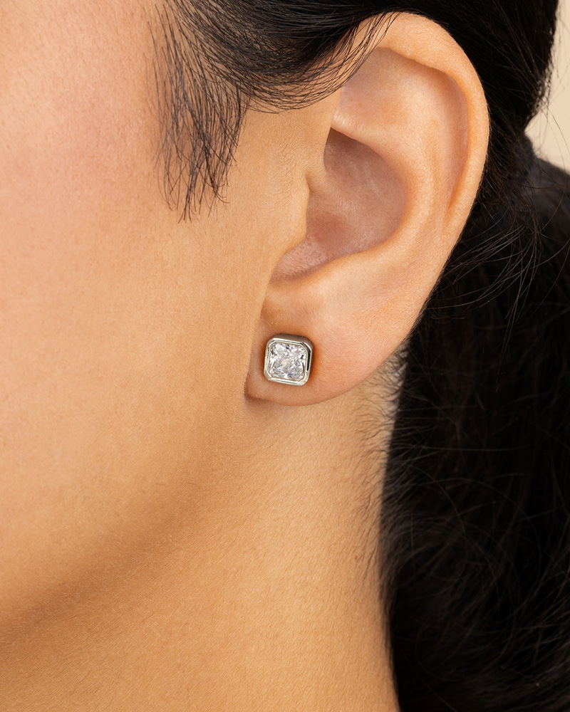 Sterling Silver Radiant Cut Bezel Set Stud Earrings