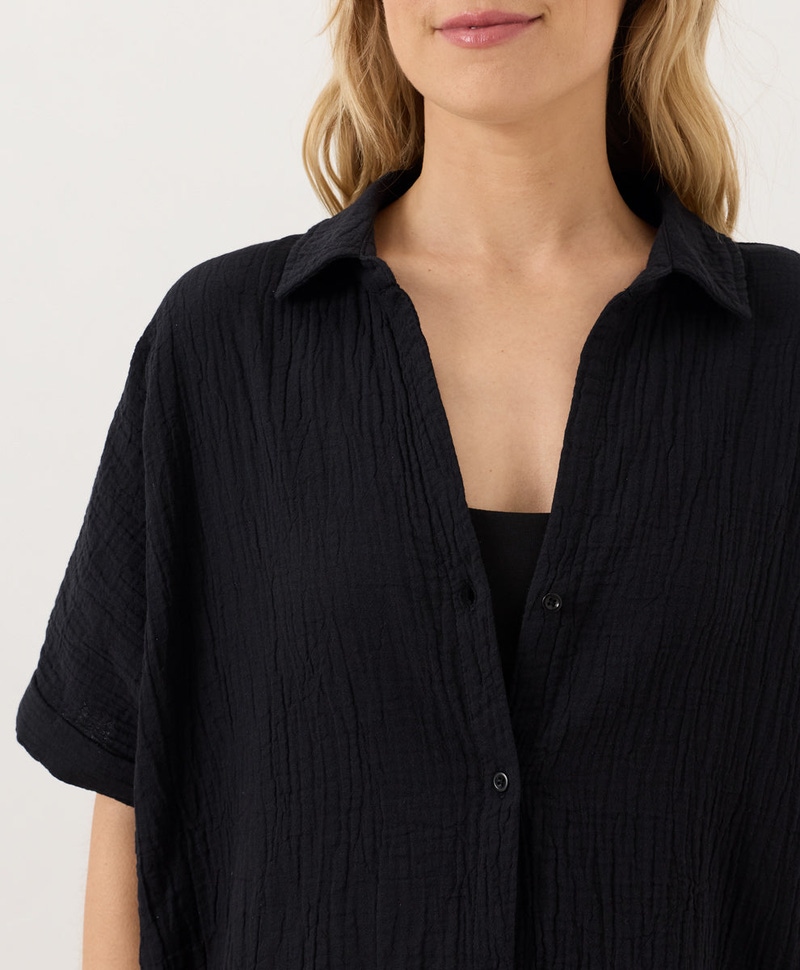 Women's Organic Coastal Double Gauze Oversized Shirt, Jet Black