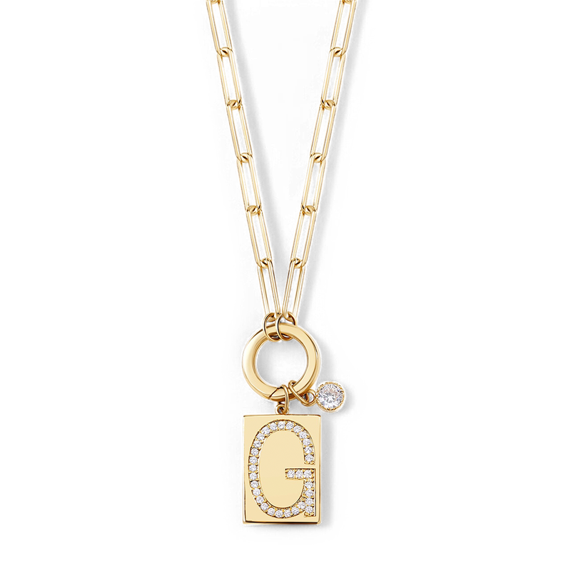 Gold Pave Initial Pendant Necklace with Paperclip Chain