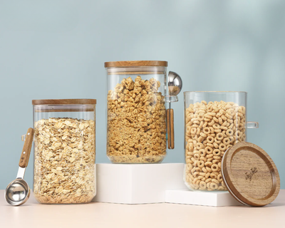 Stackable Glass Storage Canister Set with Wood Lids and Scoops