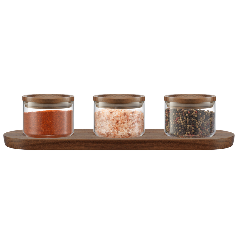 14oz Stackable Glass Storage Canister Set with Wood Lids and Tray