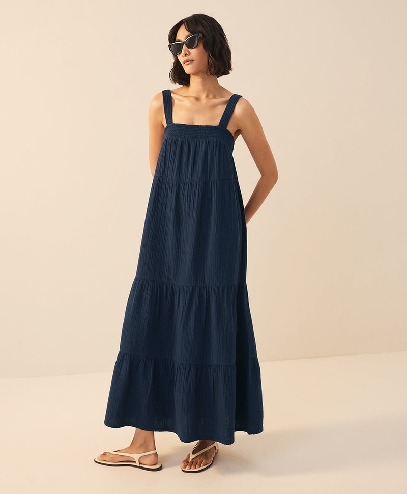 Women's Organic Coastal Double Gauze Strappy Tiered Maxi Dress, Navy