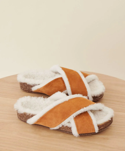 Shearling-Lined Crossover Sandal, Saddle