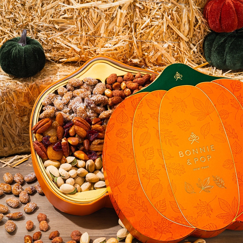 Fall Nut Gift Basket in Pumpkin-Shaped Box