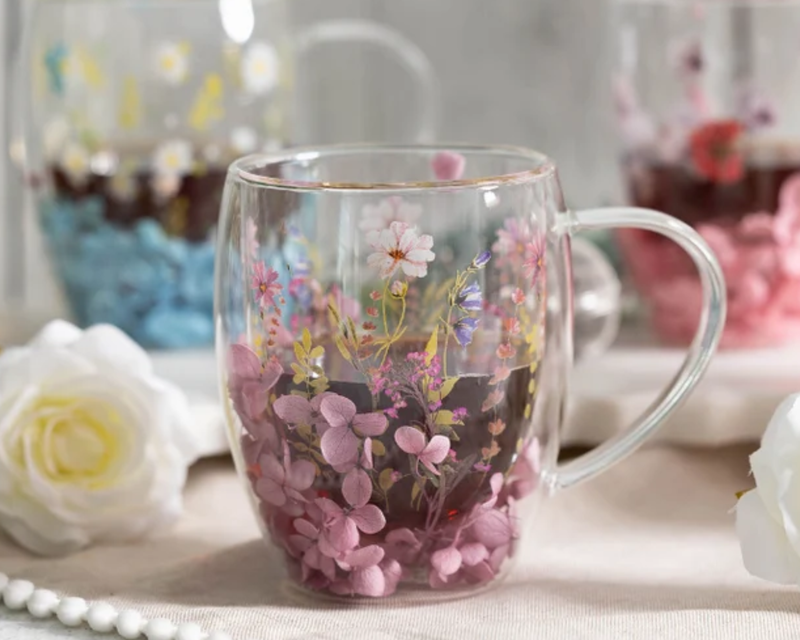 Double Wall Flower Mugs, Set of 4