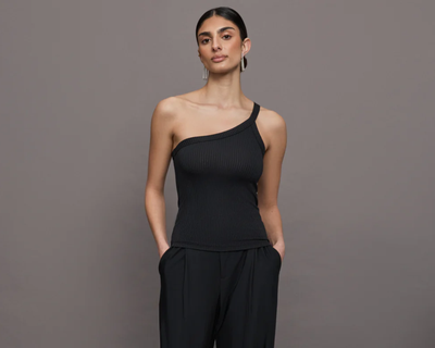 One Shoulder Tank in Ribbed Jersey, Black
