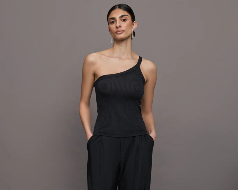 One Shoulder Tank in Ribbed Jersey, Black