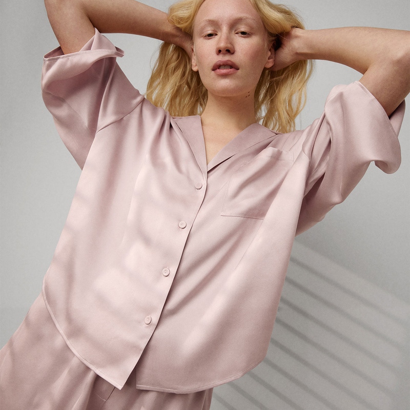 Washable Silk Relaxed Button Up Short Set, Delicate Pink