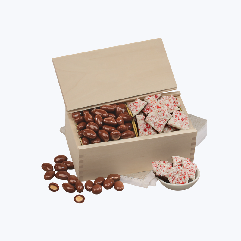 Branded Peppermint Bark & Chocolate Almonds in Wooden Collector's Box