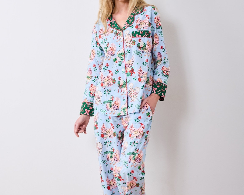 Long PJ Set in Holiday Hens, Pale Blue