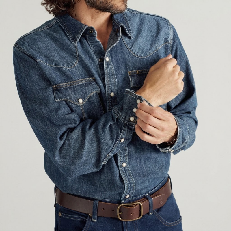 Branded Men's Denim Long Sleeve Pearl Snap Shirt, Dark Wash