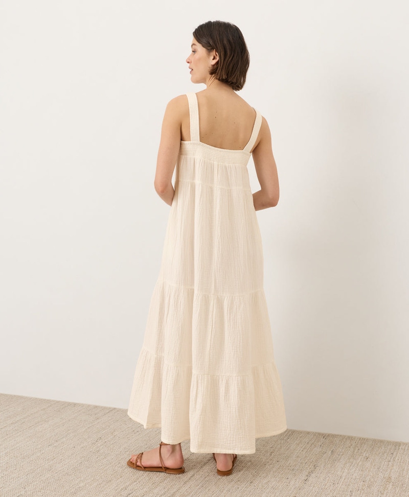 Women's Organic Coastal Double Gauze Strappy Tiered Maxi Dress, Cream