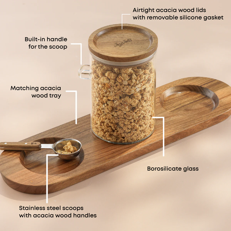 32oz Stackable Glass Storage Canister Set with Wood Lids and Tray