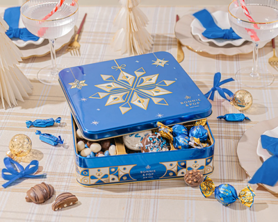 Blue Snowflake Holiday Tin with Gourmet Chocolates, Nuts & Cookies