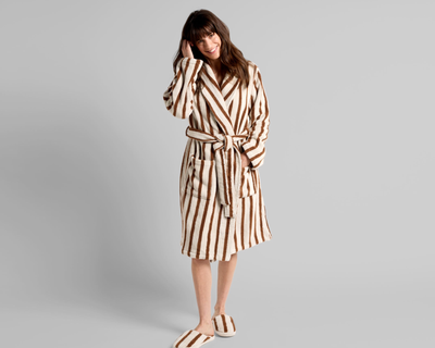 Terry Stripe Robe, Bone and Tobacco