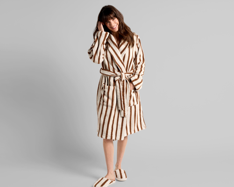 Terry Stripe Robe, Bone and Tobacco