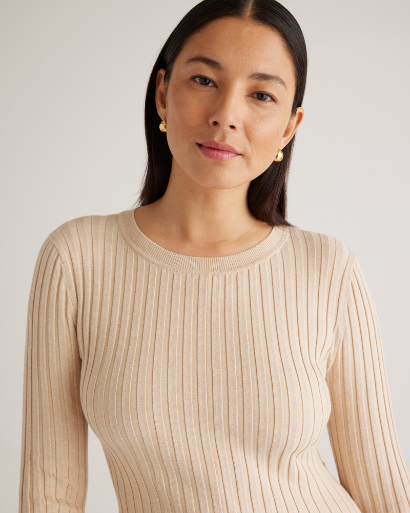 Cotton Cashmere Ribbed Long Sleeve Crew Midi Dress