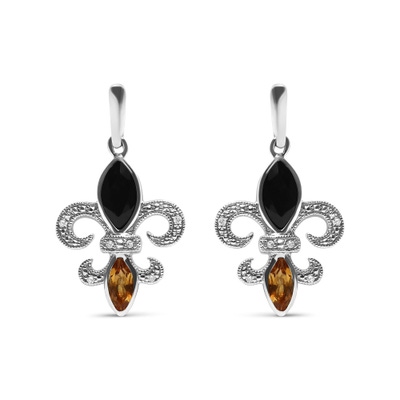Sterling Silver Marquise Cut Onyx and Citrine with Diamond Accent Fleur De Lis Drop Stud Earrings