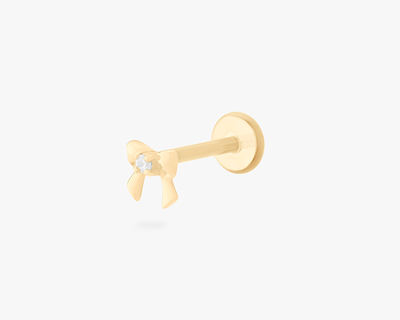 14K CZ Bow Flatback Stud, Single