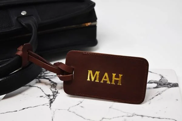 Monogrammed Sewn Leather Luggage Tag