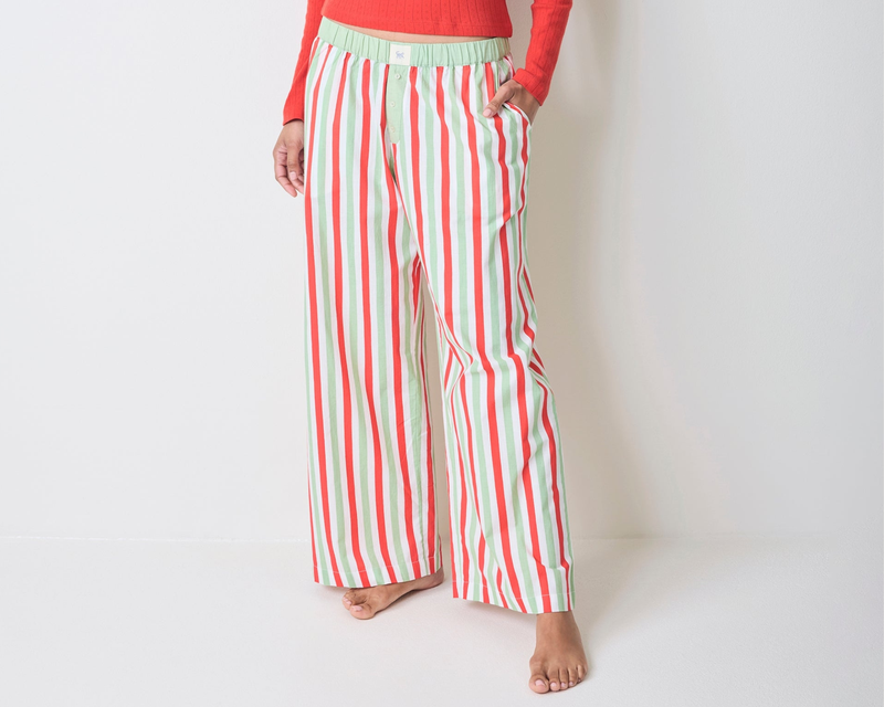 Nola PJ Pants in Elf Stripes, Sage & Cherry