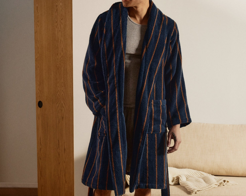 Turkish Cotton Stripe Robe, Ink with Tobacco