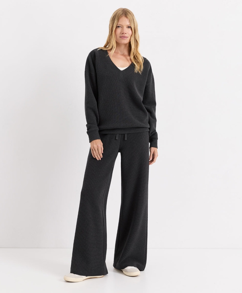 Women's Organic Luxe Waffle V-Neck Top, Dark Charcoal Heather