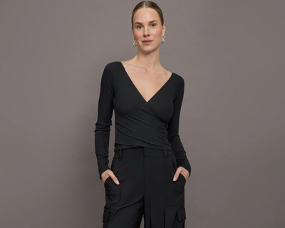 Long Sleeve Wrap Top in Ribbed Jersey, Black