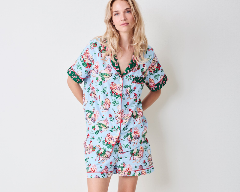 Short PJ Set in Holiday Hens, Pale Blue