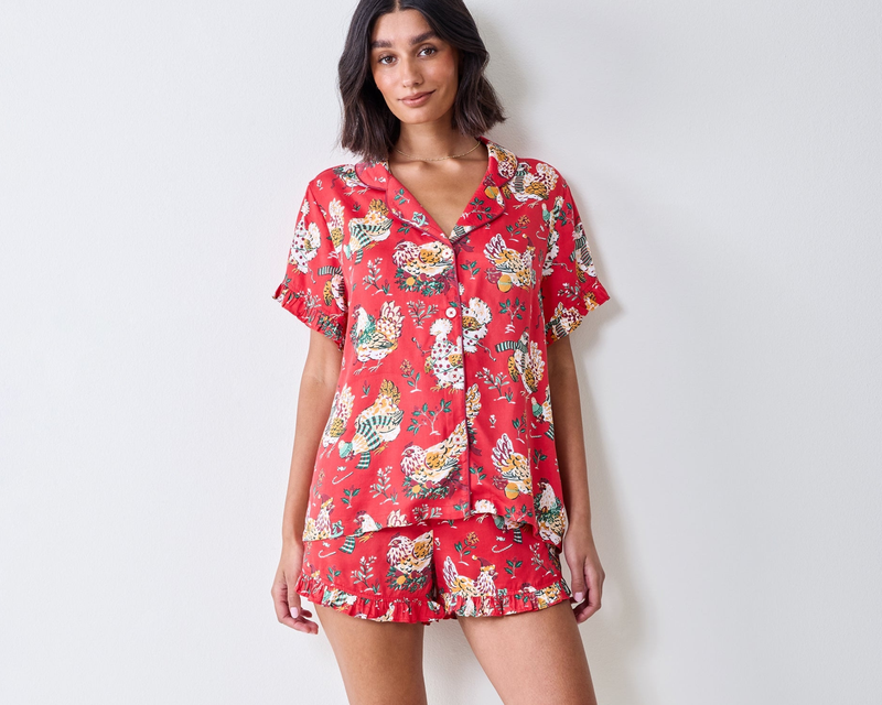 Eco Satin Ruffle Short Set in Holiday Hens, Red Stocking