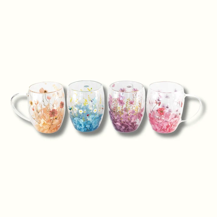 Double Wall Flower Mugs, Set of 4
